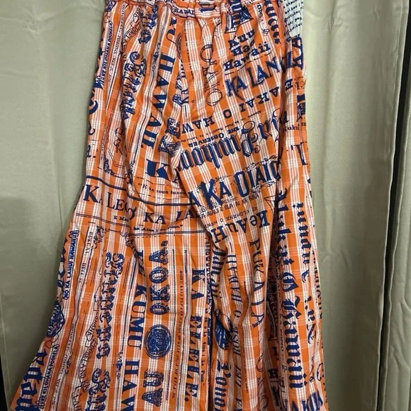 Orange palaka Kauluae Hawaii newsprint pants medium wide leg cropped - Picture 4 of 8